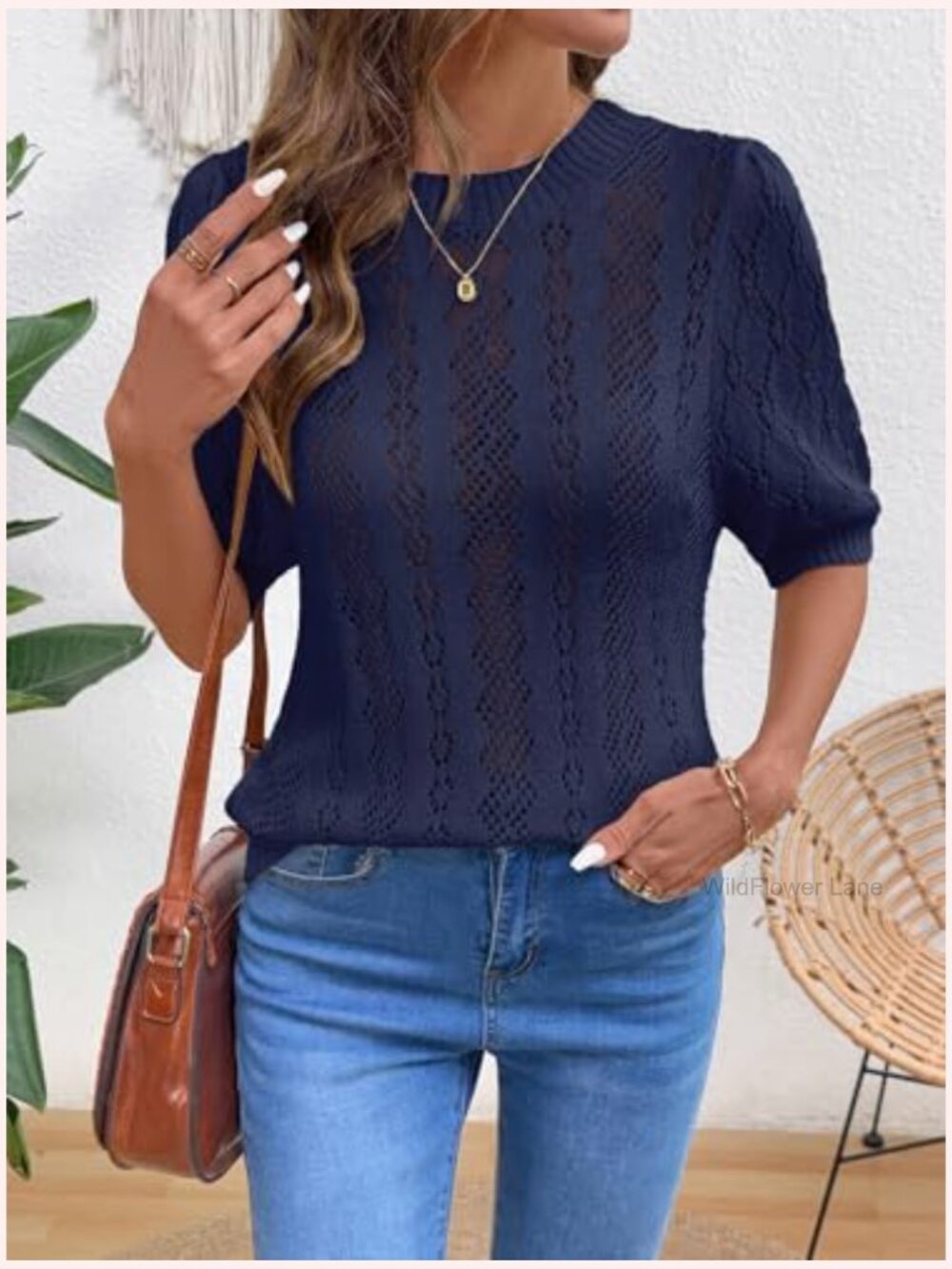 Casual Crewneck Hollow Out Short Sleeve Crochet Summer Blouse - Picture 4 of 7